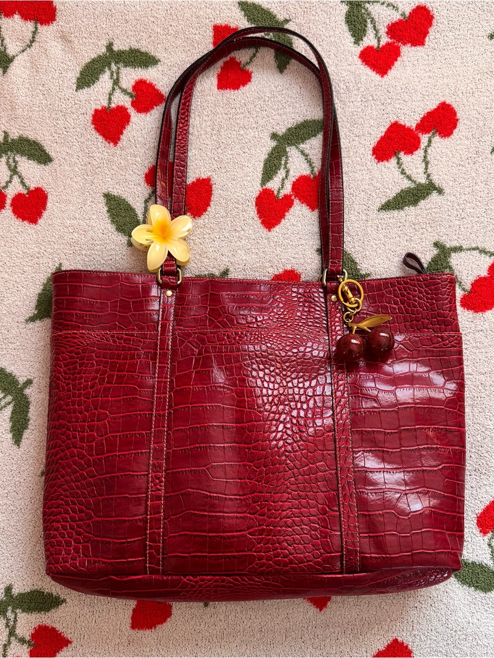 Red Faux Leather Croc-Embossed Tote with Cherry Charm